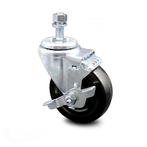 4 Inch Hard Rubber Wheel Swivel 1/2 Inch Threaded Stem Caster with Brake SCC